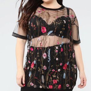 FASHION NOVA Raining Daisies Black Floral Embroidered Long Mesh T-shirt